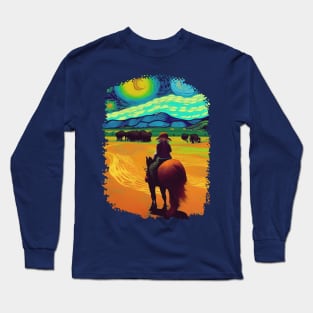 Lady riding a Horse on a Starry Night Long Sleeve T-Shirt